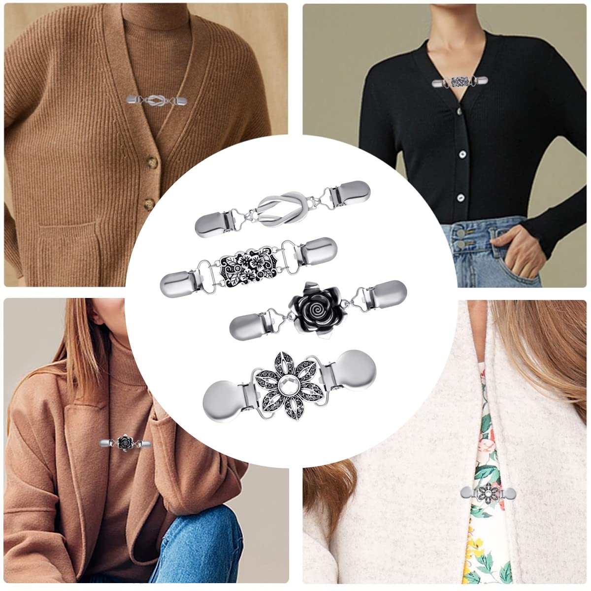 SANNIDHI 4pcs Sweater Shawl Clips Set Vintage Metal Cardigan Collar Clips Flower Pattern Shirt Dress Clips Brooch for Women Girls SANNIDHI 4pcs Sweater Shawl Clips Set Vintage Metal Cardigan Collar Clips Flower Pattern Shirt Dress Clips Brooch for Women Girls